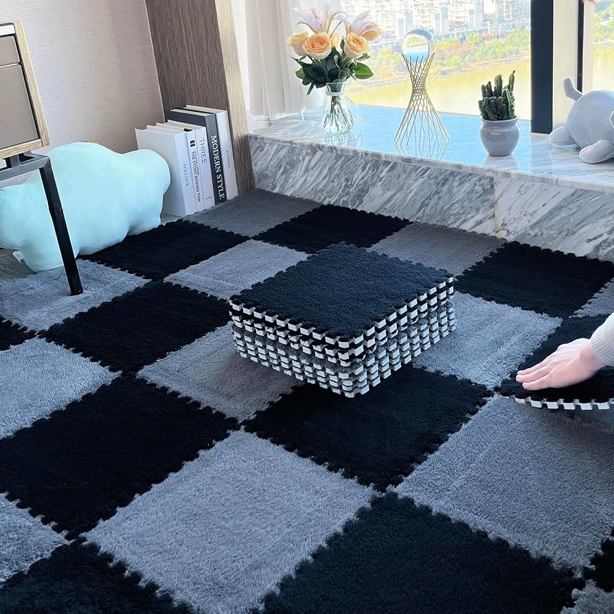 Black & Grey Plush Puzzle Foam Mat