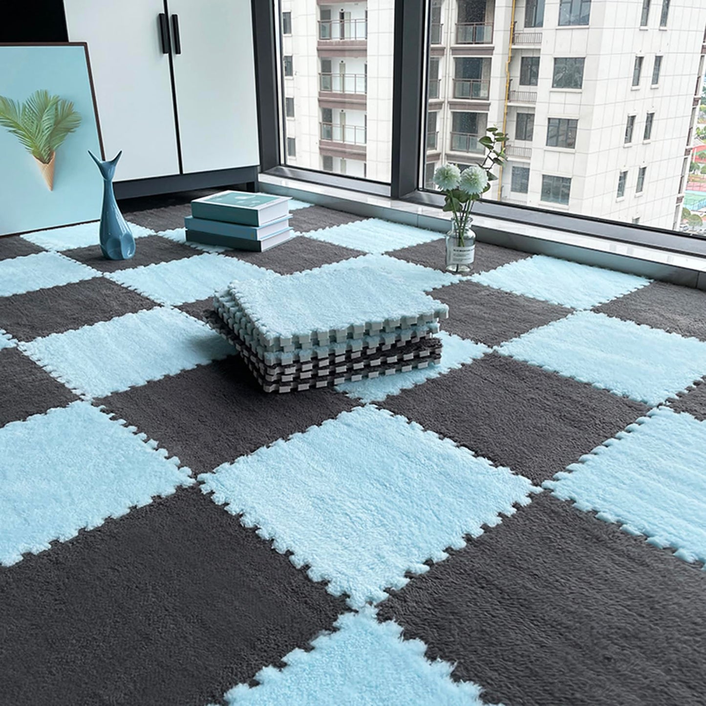 Grey & Light Blue Plush Puzzle Foam Mat