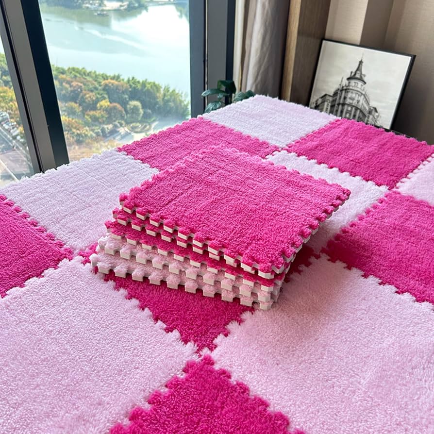 Pink & Hot Pink Plush Puzzle Foam Mat