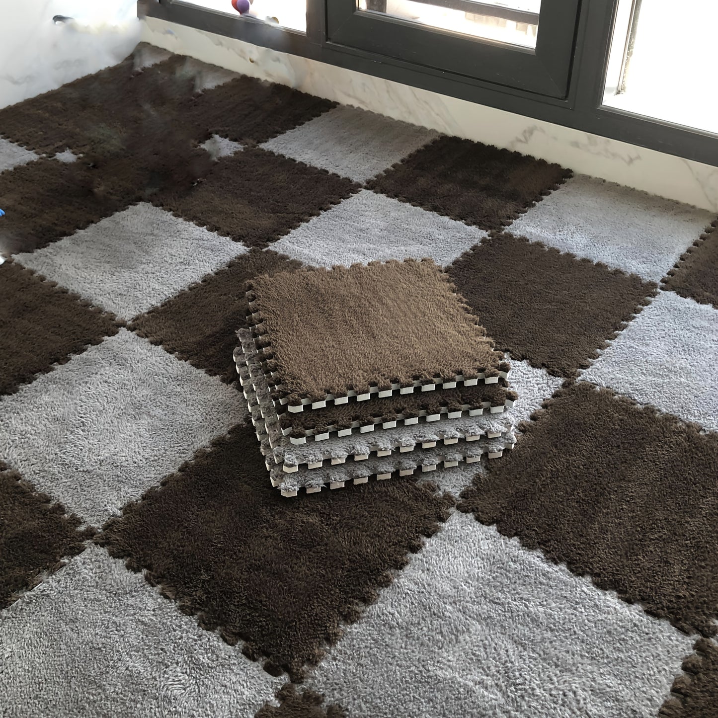 Grey & Coffee Plush Puzzle Foam Mat