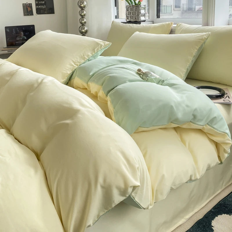 Pastel Yellow & Green Double-Sided Bedding Set
