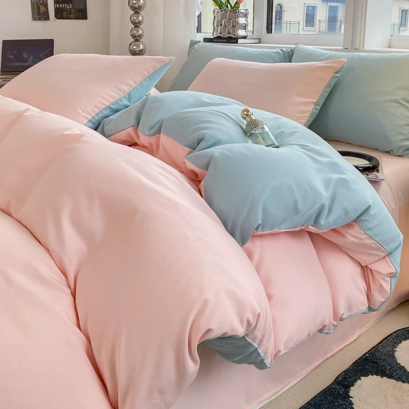 Pastel Pink & Blue Double-Sided Bedding Set