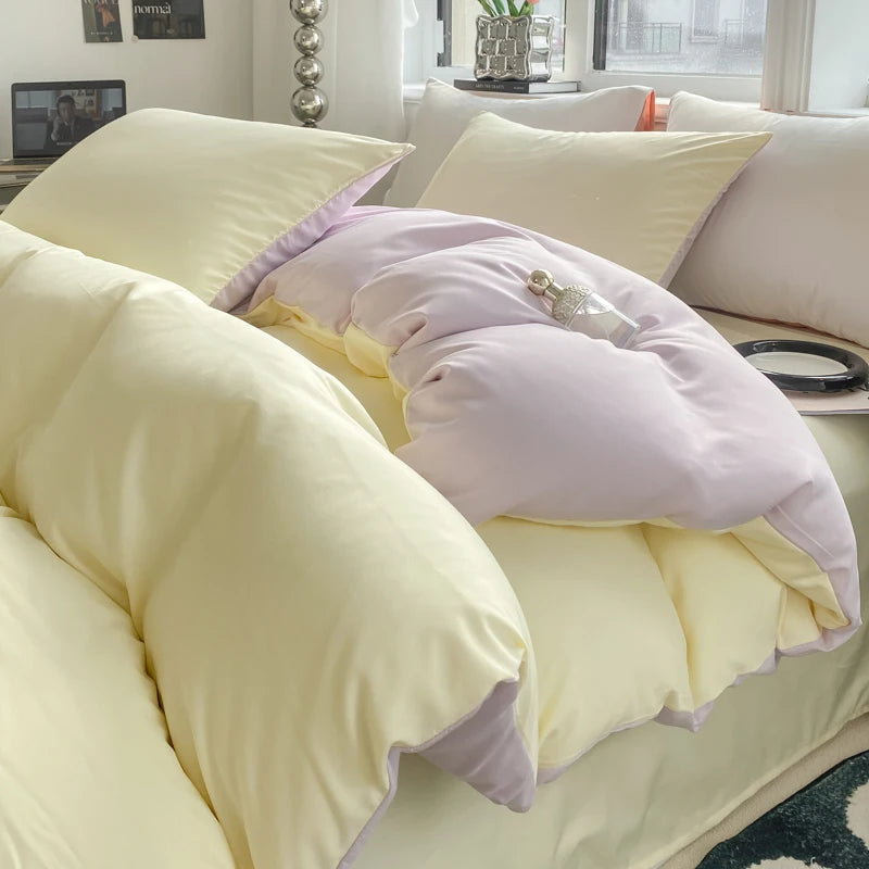 Pastel Yellow & Light Pink Double-Sided Bedding Set