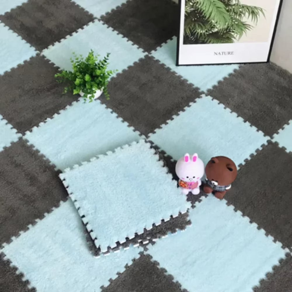 Gray & Light Blue Plush Puzzle Foam Mat
