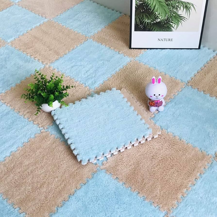 Camel & Light Blue Plush Puzzle Foam Mat