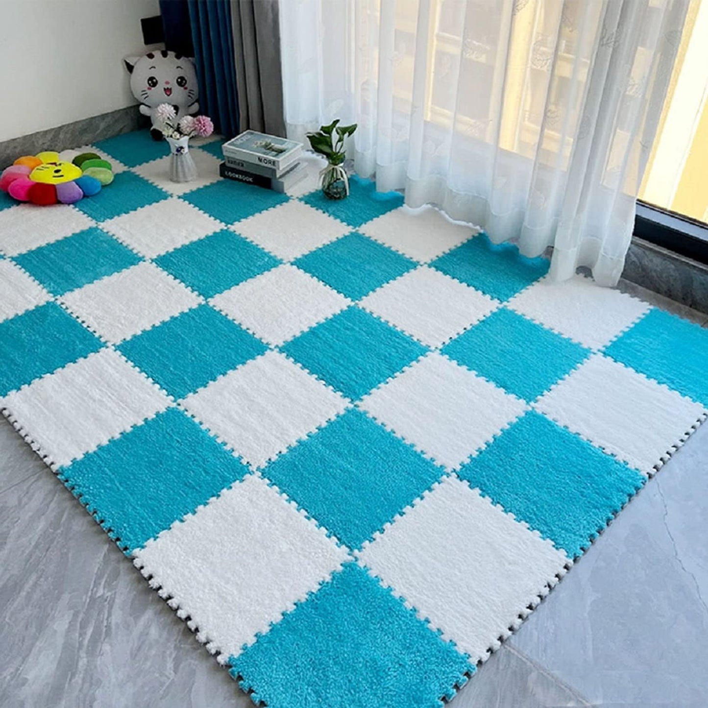 White & Blue Plush Puzzle Foam Mat