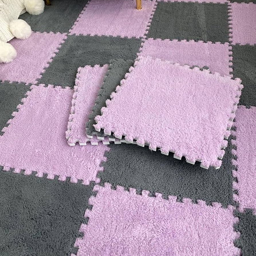 Pink & Grey Plush Puzzle Foam Mat