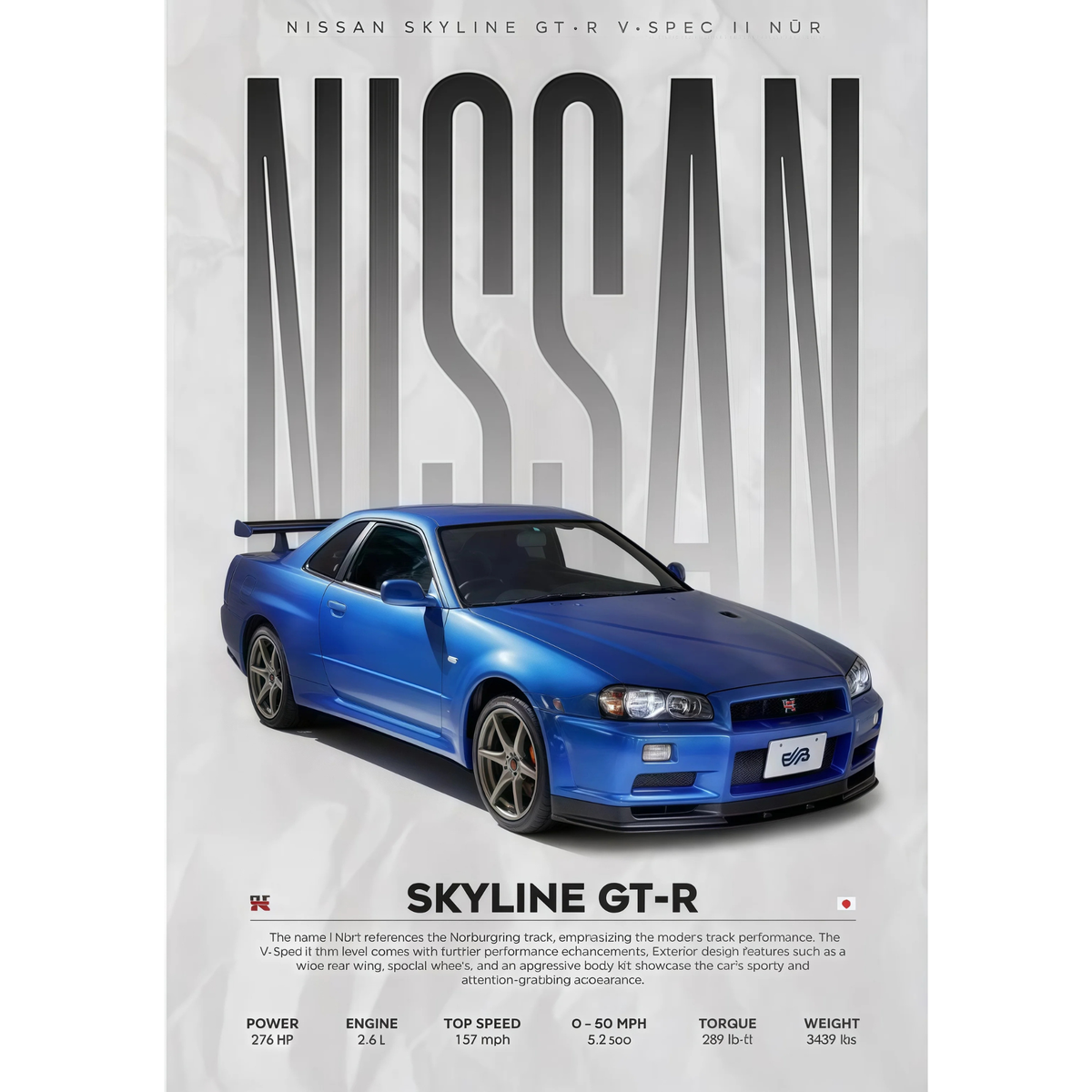 Nissan Skyline GT-R R34 Classic Sports Car Poster