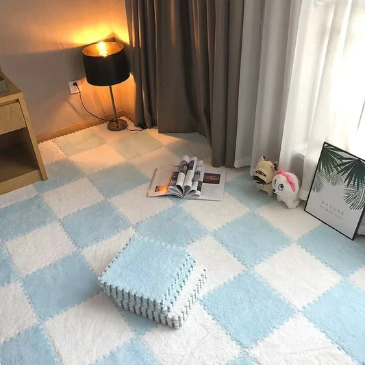 White & Light Blue Plush Puzzle Foam Mat