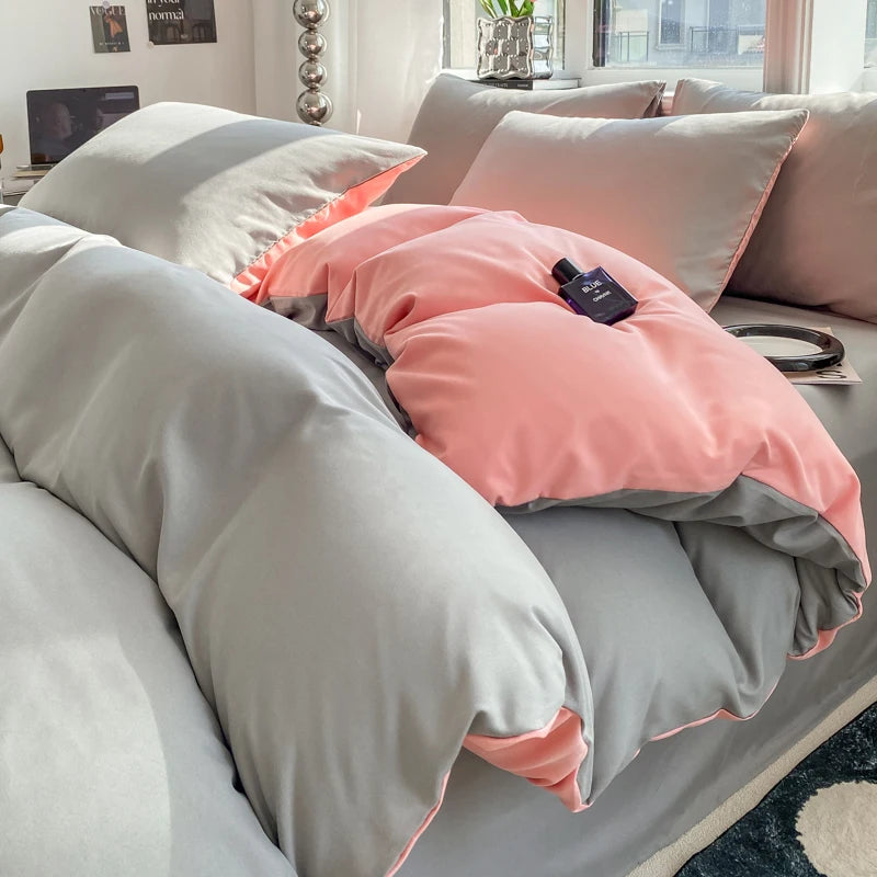 Grey & Pink Double-Sided Bedding Set