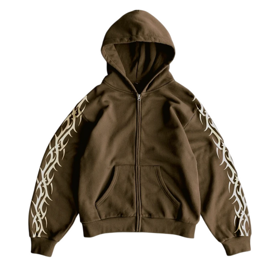 Brown Graphic Zip Up Hoodie