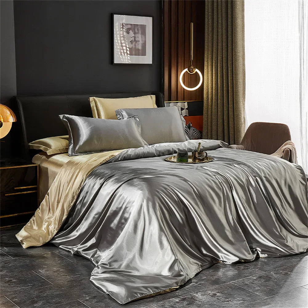 Silver Grey & Camel Silk Bedding Set