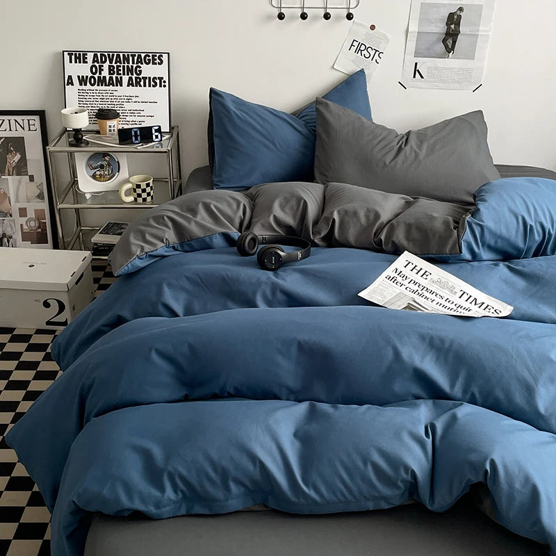 Blue & Dark Grey Double-Sided Bedding Set