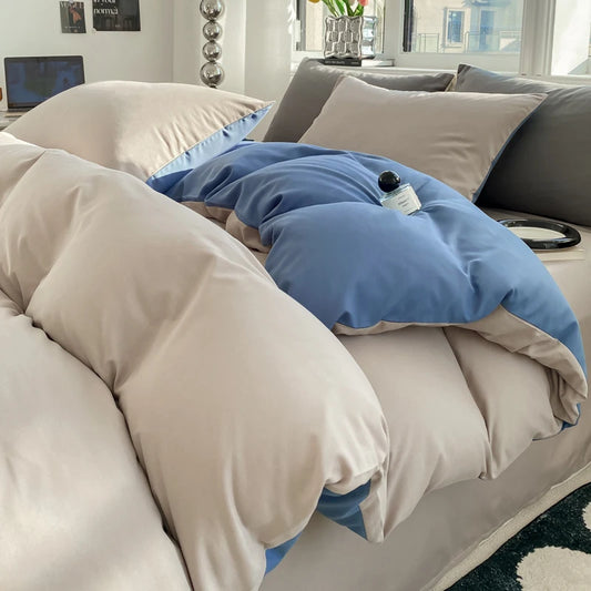 Cream & Sky Blue Double-Sided Bedding Set